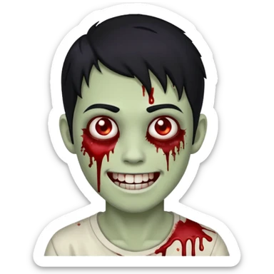 Teen zombie with black hair smiling with blood all over him sticker
