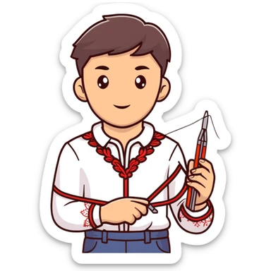 Ukrainian young man in a white embroidered traditional shirt holding a red thread with a needle and pliers sticker