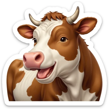 Cinematic Cute Yawning Brown and White Cow Portrait Emoji, Head tilted slightly with a dramatic, wide-open yawn, showcasing a smooth, patterned hide of brown and white, floppy ears slightly drooping, round brown eyes barely open in drowsy contentment, Simplified yet irresistibly adorable features, highly detailed, glowing with a soft, cozy glow, high shine, relaxed yet expressive, stylized with a touch of pastoral whimsy, bright and endearing, soft glowing outline, capturing the essence of a sleepy yet affectionate cow, so drowsy it feels like it could amble out of the screen and curl up for a nap! sticker