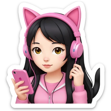 Extra cute Japanese girl with long hair, wearing pink cat ear headphones and holding a mobile phone sticker