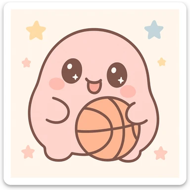 pink blob character holding a basketball, making a funny face, kawaii style sticker