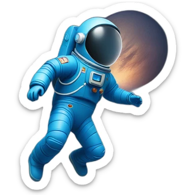 blue spaceman in a blue suit flying straight up into space with bluecadet logo on sleeve sticker