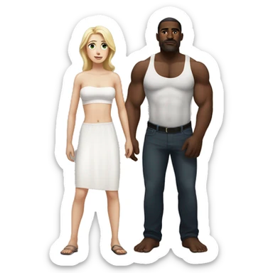 Woman  with white skin standing next to a strong black man who is shirtless and twice her height sticker