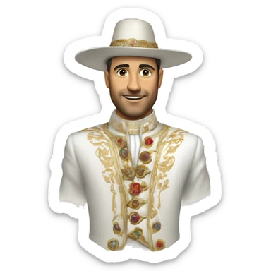 An emoji of a traditional Turkish circumcision outfit, featuring a white suit with decorative embroidery, a cape, and a matching hat adorned with feathers sticker