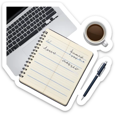 top view of a MacBook and a notebook with a pen nearby, notebook with visible notes sticker