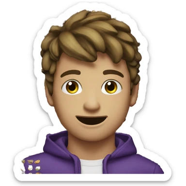 The model Dylan Tides, so happy he could cry, and an eggplant sticker