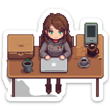 girl at desk with MacBook, coffee cup nearby, cozy atmosphere, pixel art style sticker