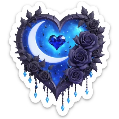 gothic heart with jagged broken edges 3D emoji, midnight blue glass, silver crescent moon, black roses, stardust, lightning, rain, fractured glass, cosmic style sticker