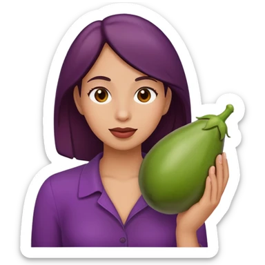A women holding a egg plant up to her face  sticker