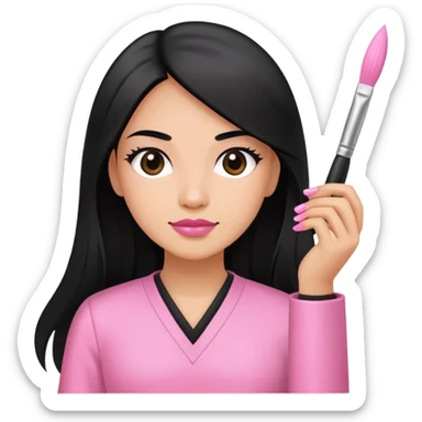 Pink Nail Tech with black long hair holding small acrylic brush sticker