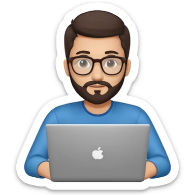 23 year old Azerbaijani man with dark brown hair and beard with glasses and laptop sticker