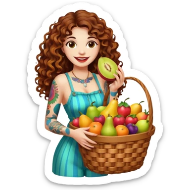 full body woman long curly brown hair brown eyes white skin tattoos holding basket of psychedelic fruits, teasing smile sticker