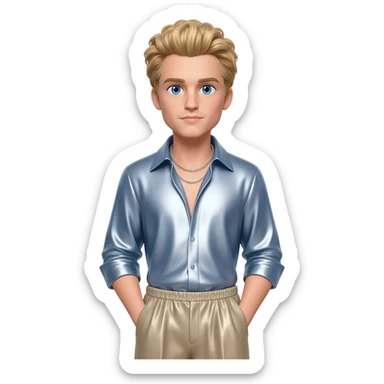 Brady Corbet with blue eyes, strawberry blonde hair, light steel blue metallic shirt, beige metallic baggy pants, silver necklace sticker