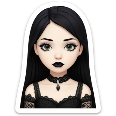 gothic girl pale skin with black lipstick and black hair and eyeliner wearing a black dress lace  sticker