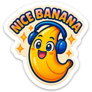 Funny cartoon banana, big happy smiling face, wearing tiny headphones, wide excited eyes, tiny sparkles around, text above: "NE BANANA", chibi style, Twitch emoji style, colorful, transparent background sticker