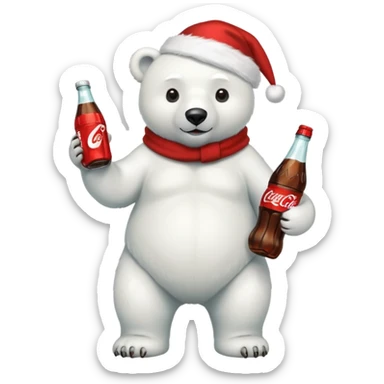 full body polar bear with christmas hat on with a bottle of coca cola  sticker