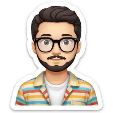young adult man with light skin, short beard, dark wavy hair, relaxed expression, very wide rectangular glasses with thick black acetate frame and thick double bridge, retro oversized style, colorful open shirt and white t-shirt sticker