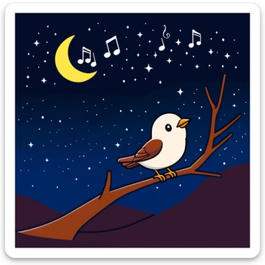 a nightingale bird singing with musical notes visible, flying against a dark starry night sky sticker
