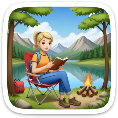 A pony tail hair woman journaling on a camping chair, enjoying the quiet nature scene. sticker