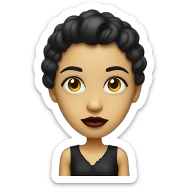  similar to human with red skin, black long hair, yellow eyes (black white of the eye), in black lather dress, black lips sticker