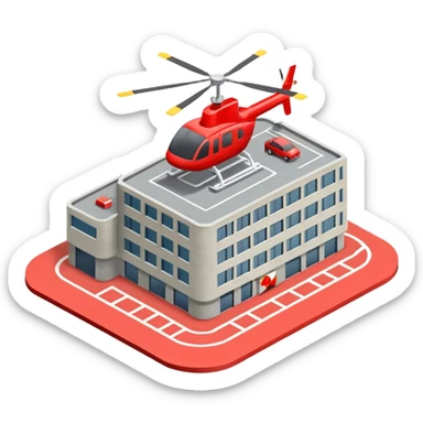 hospital isometric view building with heliport sticker