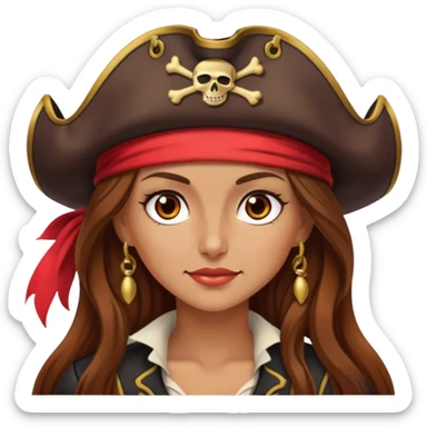 Women pirate long brown hair and brown eyes, red hat sticker