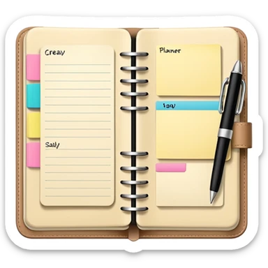daily planner agenda cream leather with open page and pen with stickynotes sticker