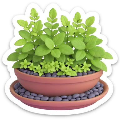 Miniature dish garden with young Plectranthus Verticillatus plants with perfectly round leaves arranged with small pebbles and moss sticker