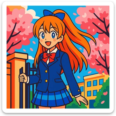 anime schoolgirl with long orange hair, blue ribbon, blue eyes, smiling, in Japanese school uniform, standing by school gate with cherry blossoms, vibrant colors, Love Live! inspired sticker