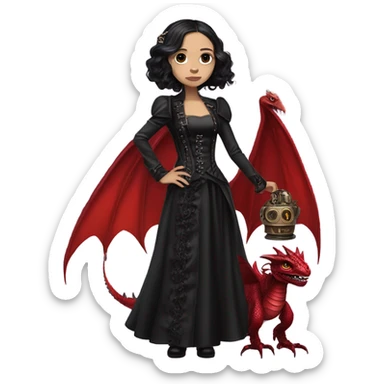Lavish Victorian evening gown with gloves, Jenna Ortega as Addams girl Jedi wearing a steampunk mini tiara, standing next to a very large blood red evil-looking horned dragon sticker