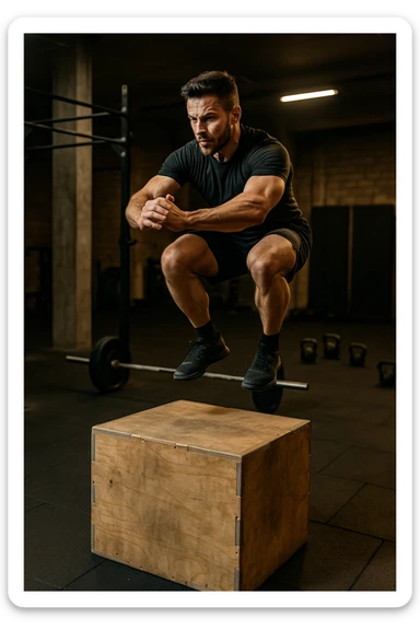 a man doing a box jump, athletic Crossfit scene, dynamic movement sticker