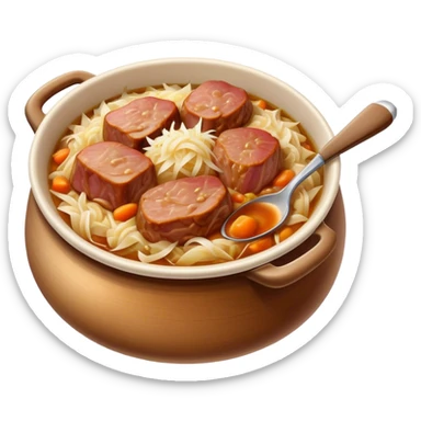 Cinematic Realistic Bigos Dish Emoji, showcasing a hearty stew of sauerkraut and meats rendered with rich textures and dynamic, rustic lighting. sticker