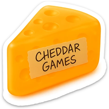 Edit the image to lessen the shadow under the cheese wedge, enhance the glow of the cheese slightly, and make the 'Cheddar Games' writing on the tape appear much less perfect and more scribbly. Keep the cheese wedge in a hyper-realistic, glowing, retro semi-transparent plastic style with no background and no sticker effect, preserving the original look and feel. sticker