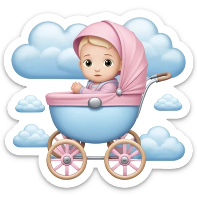 baby sitting in pink and beige stroller with pastel blue clouds around it sticker