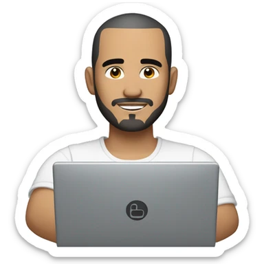 mexican man buzz cut hair with black stubble beard and black eyes in casual clothes, holding dell laptop. sticker