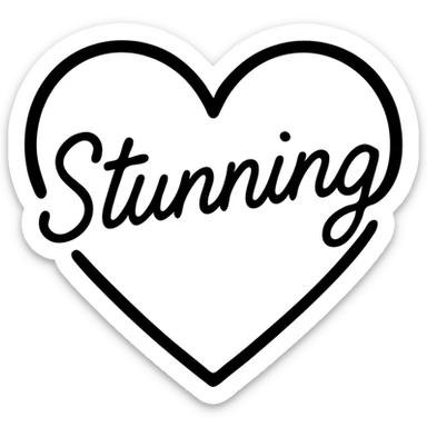 black heart with the word 'Stunning' in handwriting over it, outlined icon with no fill, only black, text included sticker