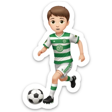 Celtic footballer jersey logo  6 years old brown hair white boy , brown eyes , stripes uniform , RUNNING  with soccer ball is number  17 celtic football logo  ONE CELTIC LOGO ONLY white shorts sticker