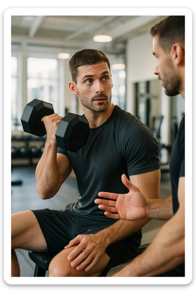 sporty man in gym inspired by reference photo, alternating glances between weights and trainer, seeking advice on intensity, bright environment, vertical format sticker