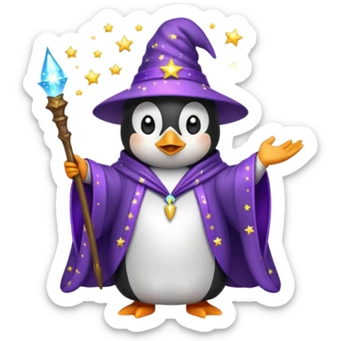 penguin wizard casting a spell with sparkles and a starry robe, emoji style sticker