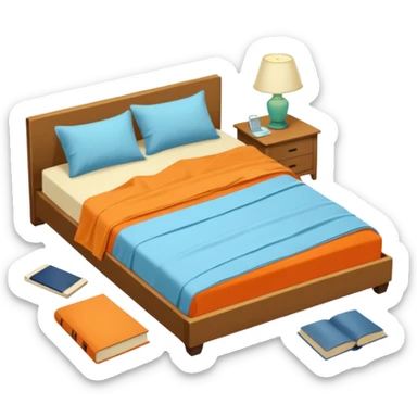 bed with a wrinkled light blue blanket, cream mattress, and one pillow out of place on the floor. Around the bed, scattered items include an orange t-shirt, greenish-blue pants, and an open book on the floor. The background is transparent sticker