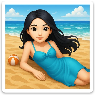 emoji ios 18.1 beautiful girl with black long hair lies on the sea beach, more beach details sticker