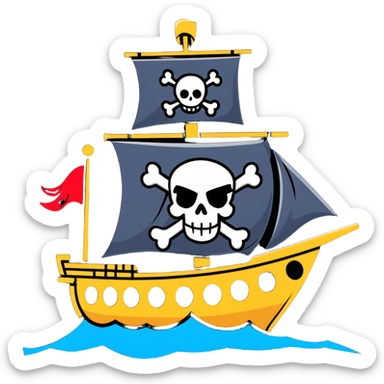 A pirate ship sailing on the open sea, with a skull and crossbones flag flying high, and pirates wearing bandanas and eye patches sticker