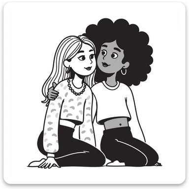 Full body of two teenage girls sitting together as friends, one white with straight blonde hair and one brown-skinned with curly black hair, both with heavy makeup, big lips, tight crop tops, hoop earrings, choni style urban clothing sticker
