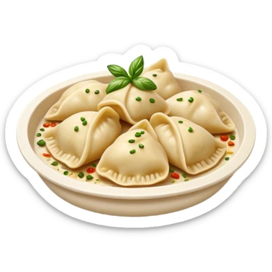Cinematic Realistic Pierogi Dish Emoji, depicted as tender dumplings filled with savory ingredients rendered with lifelike textures and warm, inviting lighting. sticker