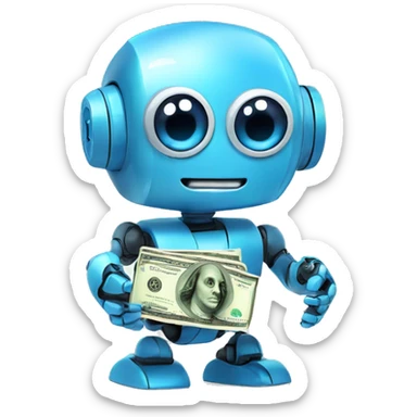 cute blue big-eyed robot holding money sticker