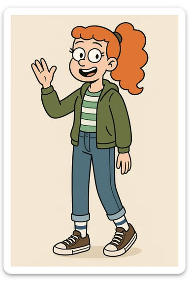 A girl Orange curly ponytail white green stripes ddre sshair jacket jeans blue sports striped socks brown converse women's chuck taylor all star shoreline slip on casual shoe wave and say hello sticker