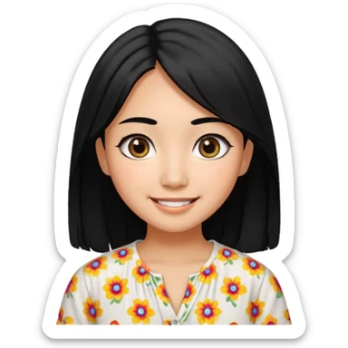 20 yr old asian woman hair white blouse with black dots center part big eyes big smile tanned skin straight black hair hippie part hair  sticker