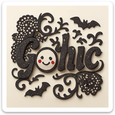 Add gothic motifs such as black lace, tiny bats, and ornate flourishes around the sparkling black text, keep the 3D paper-craft effect, kawaii style, no outline, transparent background. sticker