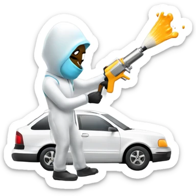 Guy in a paint suit using a spay gun to paint a car sticker