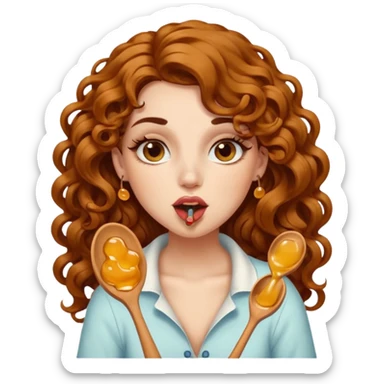 portrait woman long curly brown hair brown eyes white skin tattoos licking honey from wooden spoon, flirty sticker